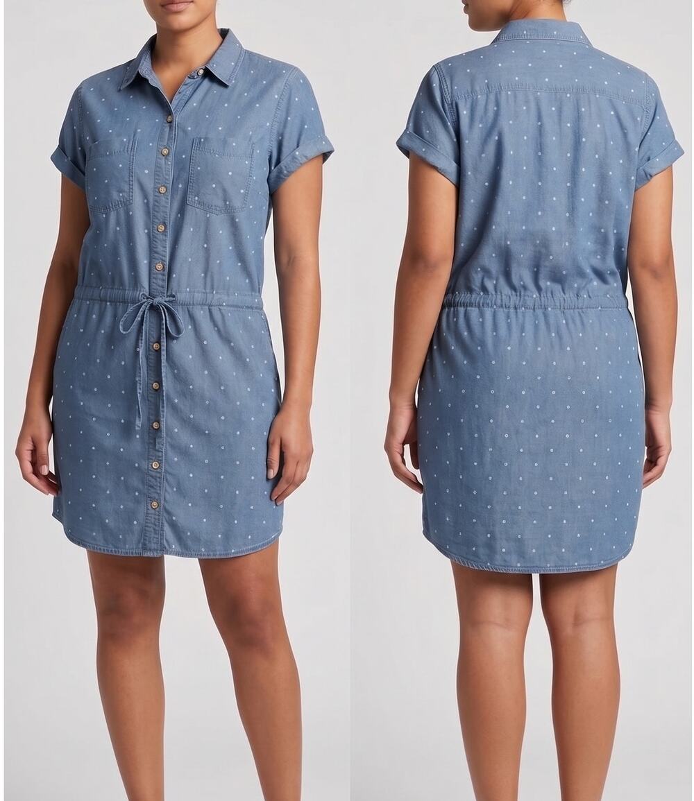 Thread + Supply Womens Large Blue Chambray with Star Print Button Front Dress